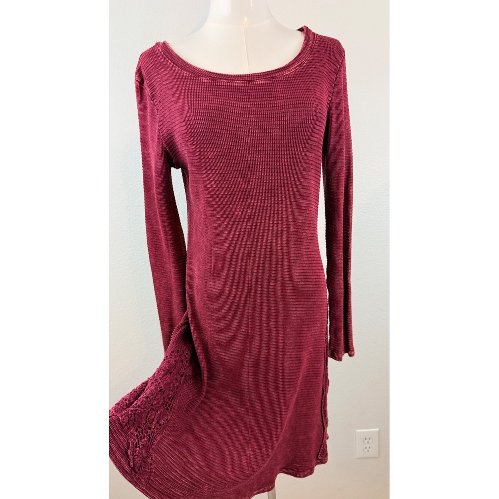 Able Boho Cottagecore Maroon Waffle Knit Crochet Trim Long Sleeve Mini Dress S